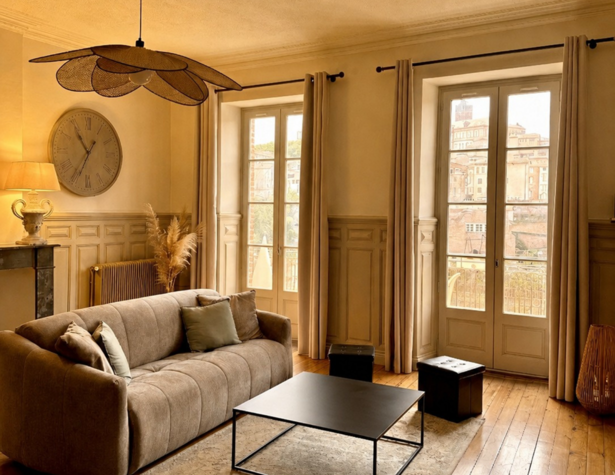 Salon lumineux de l’appartement avec vue sur le Pont Vieux à Albi